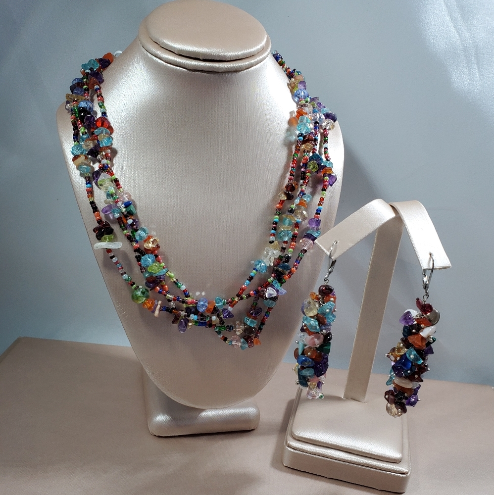 Multi Colored 4 Stranded Necklace Set - image 1